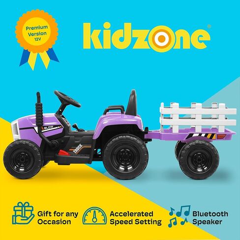 Kidzone 12V 7AH Treaded Tires with Dual 25W Motors Remote Control Battery Powered Electric Tractor with Trailer Toddler Ride On Toy with 3-Gear-Shift 7-LED Lights, MP3 Audio - Purple in Saudi Arabia