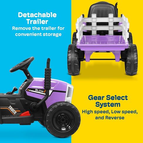 Kidzone 12V 7AH Treaded Tires with Dual 25W Motors Remote Control Battery Powered Electric Tractor with Trailer Toddler Ride On Toy with 3-Gear-Shift 7-LED Lights, MP3 Audio - Purple in Saudi Arabia