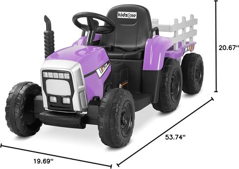 Kidzone 12V 7AH Treaded Tires with Dual 25W Motors Remote Control Battery Powered Electric Tractor with Trailer Toddler Ride On Toy with 3-Gear-Shift 7-LED Lights, MP3 Audio - Purple in Saudi Arabia