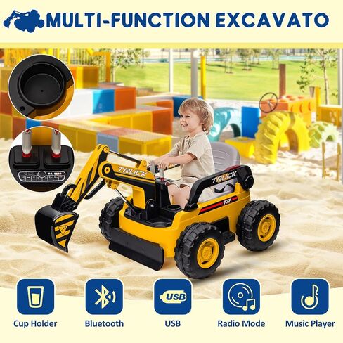 Kids Ride on Excavator, 12V 10AH Electric Toy Excavator, 4WD Battery Powered Sand Digger with Spring Suspension, Remote Control, Bluetooth, Music for Boys & Girls Over 37 Months, Yellow in Saudi Arabia