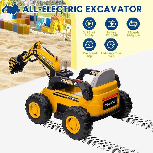 Kids Ride on Excavator, 12V 10AH Electric Toy Excavator, 4WD Battery Powered Sand Digger with Spring Suspension, Remote Control, Bluetooth, Music for Boys & Girls Over 37 Months, Yellow in Saudi Arabia