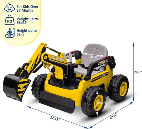 Kids Ride on Excavator, 12V 10AH Electric Toy Excavator, 4WD Battery Powered Sand Digger with Spring Suspension, Remote Control, Bluetooth, Music for Boys & Girls Over 37 Months, Yellow in Saudi Arabia