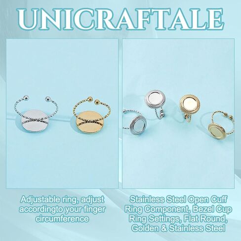 UNICRAFTALE 8 قطع بلونين 304 من الفولاذ المقاوم للصدأ، مكونات حلقة الكفة المفتوحة، إعدادات حلقة الكوب، حلقة بيضاوية، حلقة مطلية بالذهب، قاعدة فارغة، إعداد حلقة فارغة قابلة للتعديل لصنع المجوهرات بنفسك in Saudi Arabia