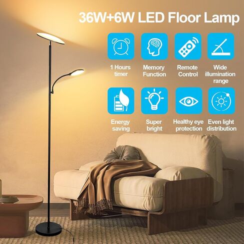 42W/4500LM LED Floor Lamp for Living Room, Dimmable Floor Lamp with Reading Light, Standing Lamp for Bedroom Office, Stepless Floor Light with Remote, Timer & Metal Base, 4 Color Temperatures in Saudi Arabia