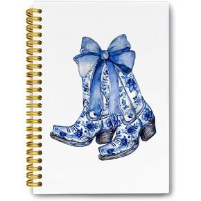LiTiu Coquette Preppy Campus Notebook, Blue Bow Western CowGirl Boots Aesthetic Spiral Journaling Notebook for School Teen Girls, Preppy Funky Hardcover Spiral Notebook 80 Sheets 5.8x8.3