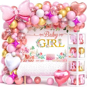 Winrayk Floral Baby Shower Decorations for Girl, Baby Boxes with Letters, Rose Gold Pink Balloon Arch Backdrop Tablecloth Heart Foil Balloon, Birthday Party Decor Girl Baby Shower Decorations