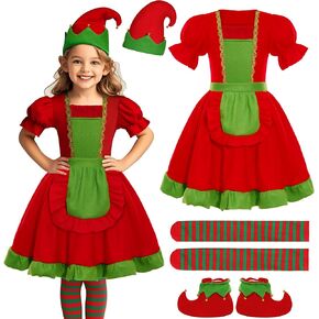Christmas Elf Costume for Girls Santa Helper Costume Xmas Holiday Party Dress Outfit with Elf Hat Shoes Stockings