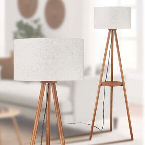 Wood Tripod Floor Lamp for Living Room, 3 Color Temparature LED Bulb Included, Mid Century Modern Wooden Shelf Floor lamp with Linen Shade for Bedroom, Office, Walnut Wood Color