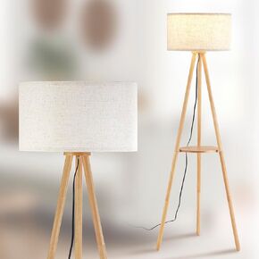 Wood Tripod Floor Lamp for Living Room, 3 Color Temparature LED Bulb Included, Mid Century Modern Wooden Shelf Floor lamp with Linen Shade for Bedroom, Office, Walnut Wood Color