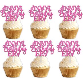18pcs Pink Glitter Cupcake Topper Pick for In My Birthday Era Theme Decor Supplies Happy Birthday Bachelorette Bridal Shower Night Out Hen Movie Wedding Anniversary Party Decorations