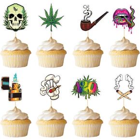 24 PCS Weed Cupcake Toppers, Marijuana Leaf Cupcake Decorations, 420 Birthday Marijuana Decorations for Adults, Cannabis Theme Party Supplies