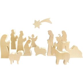 Wooden Christmas Nativity Set, Blank Wooden Miniature Nativity Figurines Set of 13 for Crafts & DIY, Holy Family Christmas Decoration