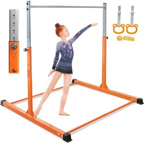 Gymnastics Bar for Kids, 3.5' to 5.3' Height Adjustable, 11 Levels, Home Gym Equipment, Ages 3-16, Horizontal Bar for Home Training, 300 LBS Capacity, Easy to Assemble