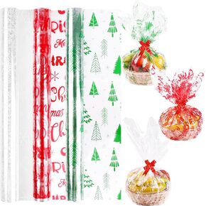 FOPINOA 3 Roll Christmas Cellophane Wrap Set, 32 in x 100 ft Christmas Cellophane Wrap Clear Cellophane Wrap Roll Treat Gift Basket Wrapping Cellophane Paper for Christmas Party Decoration
