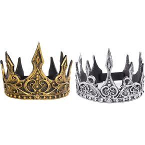 2pcs Medieval King Crown for Men, Women and Kids, Stage Cosplay Crown Halloween Prop Party Favors, Gold and Silver