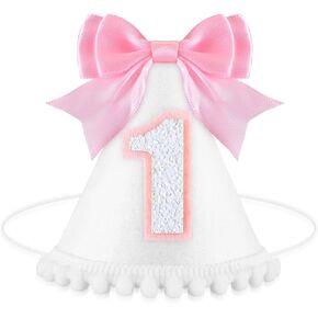 Geyoga 1st Birthday Hat for Baby Girl Pink Bow and White Cone Hat 4.72 Inch First Birthday Hat Baby Birthday Hat Party Hat Birthday Decorations for Girl Baby Birthday Party