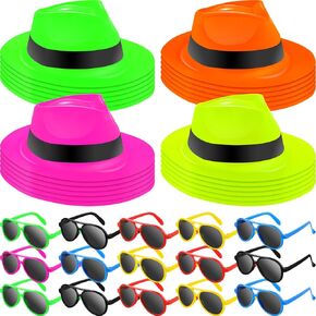Jecery 48 Pcs Neon Party Supplies: 24 Glowing Hats, 24 Sunglasses - Perfect for Birthday, Gangster or Music Themed Events