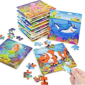 Vileafy Party Favors Puzzles for Kids Age 4-8, 12 Pack Sea Animals with Organza Bags, Wooden Jigsaw Puzzle for Boys and Girls Ages 4-6, 20 Pieces Per Puzzle