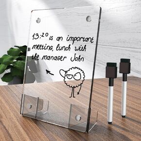 Clear Acrylic White Board 8x6 Inches, Frameless Desktop Dry Erase Board with Flexible Magnetic Stand and Markers, Mini Whiteboard Desk Accessories for Women, Home, Office, School