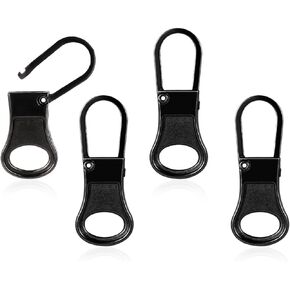 4pcs Zipper Pull Replacement, Detachable Zipper Tab Zipper Pullers Repair Handle Metal Pull Cord Extender Zipper Head Mend Fixer for Clothing Backpack Jackets Pants Boots Luggage (Black)