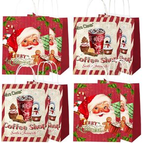 12pcs Christmas Gift Bags Gingerbread Red Christmas Santa Claus Paper Gift Bags with Handles, Gingerbread Christmas Bags for Gifts Xmas Gift Bags Holiday Gift Bags Merry Christmas Paper Bags Party