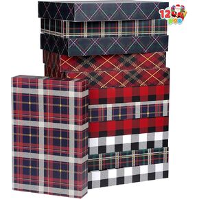 JOYIN 12 Pcs 17" Christmas Boxes, Large Gift Boxes with Lids for Present, 6 Designs Xmas Shirt Clothes Wrap Box 17" x 11" x 2.5", Red Black Plaid Wrapping Robe Box for Birthday, Wedding, Holiday Party
