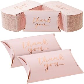 Sparkle and Bash 100-Pack Wedding Favor Pillow Boxes, Bulk 5.2x3.2-Inch Kraft Paper Thank You Gift Boxes for Party Favors (Pink with Gold Script)
