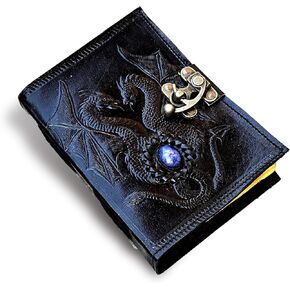 Double dragon embossed leather journal lapis stone brass c lock 200 vintage deckle edge paper gift for him/her (Charcoal)