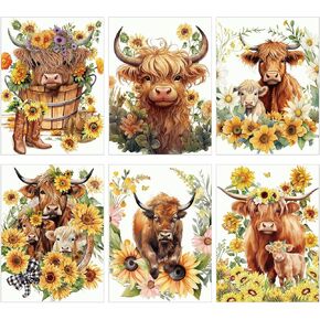 Harloon 6 Pack Highland Cow Diamond Art Kits for Adults Beginners Cow 5d Diamond Painting Art Kits Flower DIY Diamond Painting with Round Gem Art Kits for Home Wall Decor Gift 15.7 x 11.8 Inches