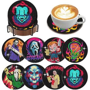 8 Pcs Halloween Diamond Art Painting Coasters Kits with Holder, DIY Horror Movie Diamond Art Coasters Coasters with Cork Base, for Adults Beginners Crafts Kits 1
