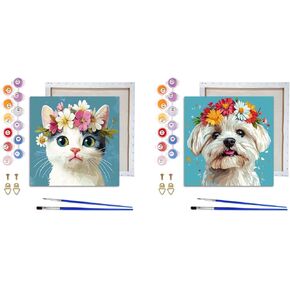VAIIEYO 2 Pack Framed Paint by Numbers Kit for Adults Cat Dog, Animal Canvas DIY Oil Painting Kit with Paintbrush &Acrylic Pigment, Arts Craft for Home Wall Decor(8x8 inch/20x20cm)