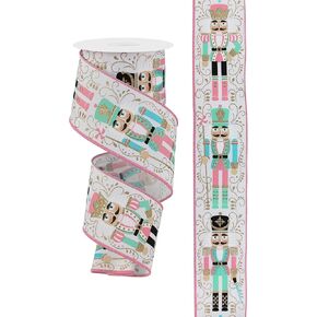 2.5" Nutcracker Ribbon: White/Pink (10 Yards) - Christmas Decorative Gift Wrapping Ribbon