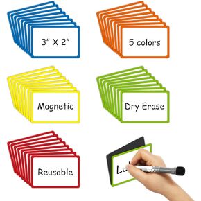 Colored Border Magnetic Labels 2.8x1.2 Inch 40 Pieces, Reusable Magnetic Dry Erase Labels for Whiteboards, Locker, School, Classroom, Office, Home