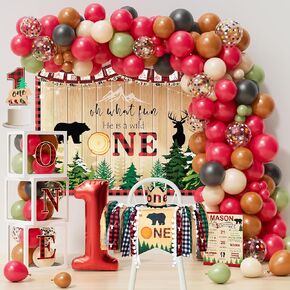 Lumberjack First Birthday Party Supplies Decorations, Lumberjack 1st Birthday Decorations, Buffalo Plaid Monthly Photo Banner Highchair Banner First Birthday Crown for Boys Wild One Birthday