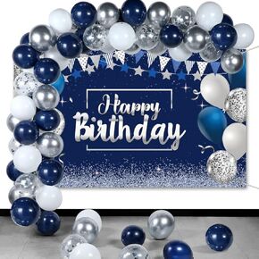 Navy Blue Birthday Confetti Balloons Kit Set 50 Pieces Photography Backdrop Banner Package for Boys Girls Men Women Birthday Party Decorations Supplies(Navy Blue and Silver)