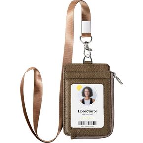 Badge Holder-Genuine Leather ID Badge Holder with Zipper Pocket and Nylon Lanyard – Perfect for Badges, Cards, and More