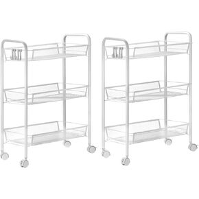 QWORK Mesh Wire 3 Tier Rolling Cart, 2 Pack Metal Kitchen Storage Utility Cart with Lockable Wheels, Storage Art Trolley Carts, Basket Stand, White