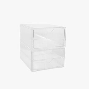 Martha Stewart Brody 2 Pack Desk Organizers, Single Drawer Box and 2 Drawer Box, Stackable Plastic Storage for Office, Bathroom, Countertop, Dorm, 6" x 7.5", Clear