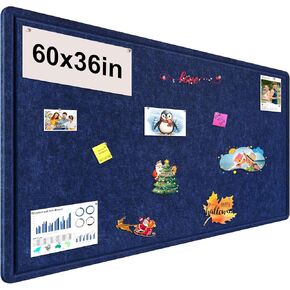Large Bulletin Board, 60x36 Inches Cork Board Alternative, Large Felt Board Decorative Pin Board for Wall, Foldable Photo Board Self-Adhesive Vision Board with 36 Pushpins Dark Blue