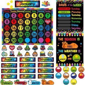 Tenare Classroom Calendar Bulletin Board Set Calendar Seasons Weather Chart Bulletin Board and Colorful Classroom Display with Stickers for Elementary Classroom Bedroom Wall Decoration