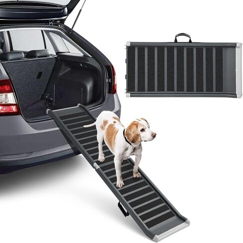 Goplus Dog Car Ramp, 63 Inch Folding Portable Pet Ramp for Large Old Dogs SUV Truck Bed w/Side Rails & Safety Lock & Non-Slip Surface & Carry Handle, Steel Frame, Supports Up to 265 lbs in Saudi Arabia