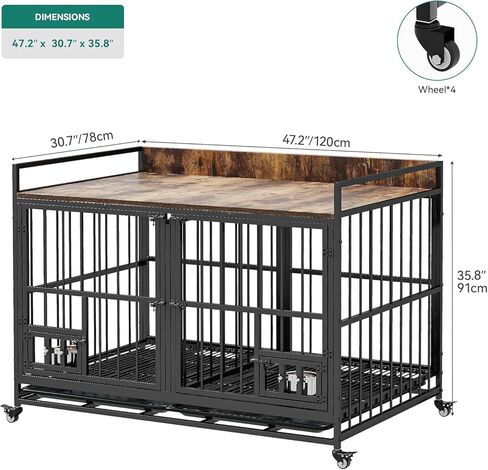 أثاث قفص كبير للكلاب مقاس 47.5 بوصة من YITAHOME مع مقسم قابل للإزالة، وتصميم أبواب وأقفال مزدوجة، قفص كبير للكلاب على طراز الأثاث مع أوعية وعجلات للكلاب قابلة للدوران 360 درجة وصينيتين للكلاب الصغيرة/المتوسطة in Saudi Arabia