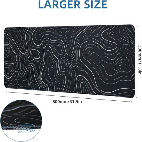 Large Gaming Mouse Pad Topographic Contour Pattern Extended Desk Mat 3mm Thick 31.5 x 11.8 in Long Non-Slip Mousepad with Stitched Edges XL Keyboard Pad Mouse Mat Home Office, Black in Saudi Arabia