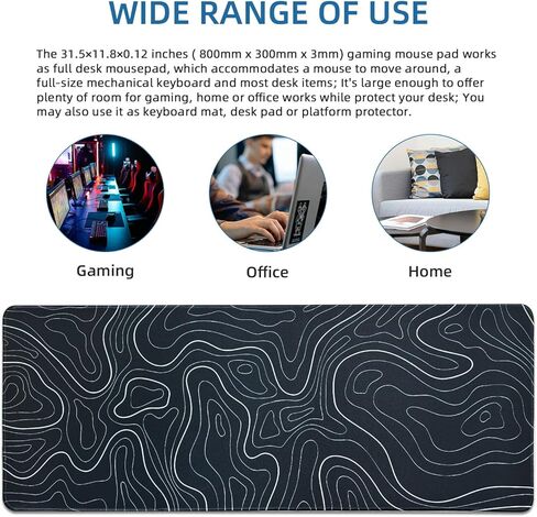 Large Gaming Mouse Pad Topographic Contour Pattern Extended Desk Mat 3mm Thick 31.5 x 11.8 in Long Non-Slip Mousepad with Stitched Edges XL Keyboard Pad Mouse Mat Home Office, Black in Saudi Arabia