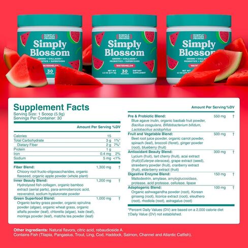 Simply Nature's Promise Blossom Nutrition Daily Greens & Superfood Powder + Collagen + Probiotics for Women's Digestive Health & Bloating Relief. Help Your Health Bloom - 2 Month Supply in Saudi Arabia