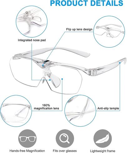 OKH 160% Magnifying Glasses, Flip Up Down Lens, Hands-Free Magnifier Eyeglasses for Close Work, Reading, Sewing, Jewelry Making, Craft, Hobby, Painting in Kuwait