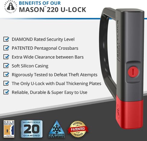 SeatyLock Mason Bike U Lock - Patented Heavy Duty Anti Theft Diamond Security Bicycle Lock - Super Wide Safety Master Tool ULock with Keys for Electric Bikes Scooters and Motorcycles (8.66 Inch) in Saudi Arabia