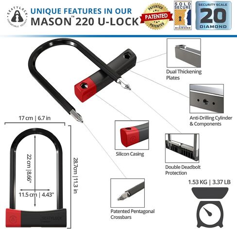 SeatyLock Mason Bike U Lock - Patented Heavy Duty Anti Theft Diamond Security Bicycle Lock - Super Wide Safety Master Tool ULock with Keys for Electric Bikes Scooters and Motorcycles (8.66 Inch) in Saudi Arabia