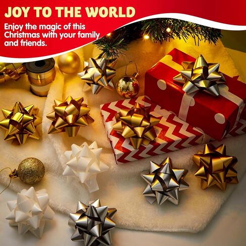 JOYIN 75 قطعة من أقواس هدايا عيد الميلاد ذاتية اللصق مقاس 3 بوصات (ذهبي وفضي وأبيض) و2 لفات من أشرطة تجعيد عيد الميلاد للسلال وتزيين زجاجات النبيذ وتغليف الهدايا والديكور in Saudi Arabia
