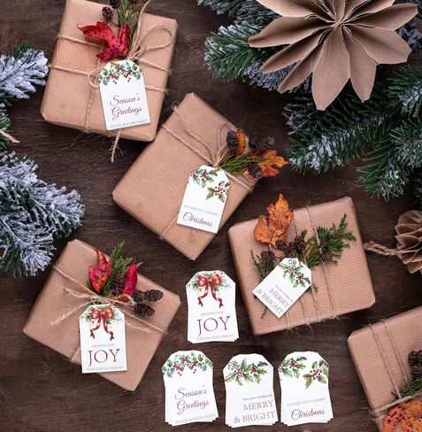100 Count Christmas Gift Tags with Ribbon Tie Strings 4 Design Greenery Personalized Name Tag Labels Write to & from for Gifts Bags Wrapping Presents in Saudi Arabia